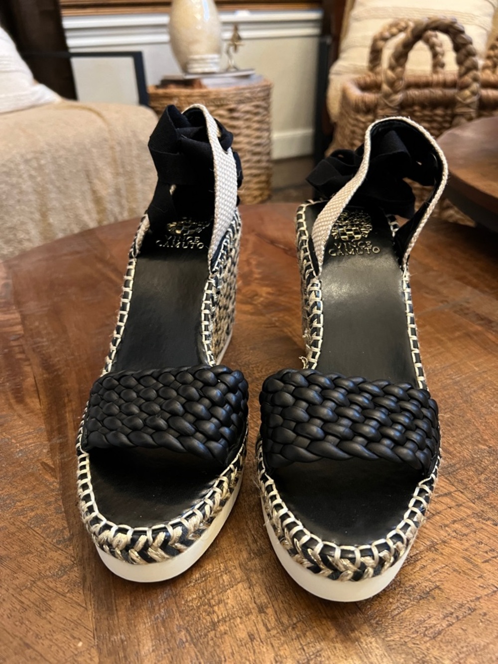Vince Camuto Black and Cream Woven Espadrille Wedge Sandals with Ankle Ties - Picture 2 of 5